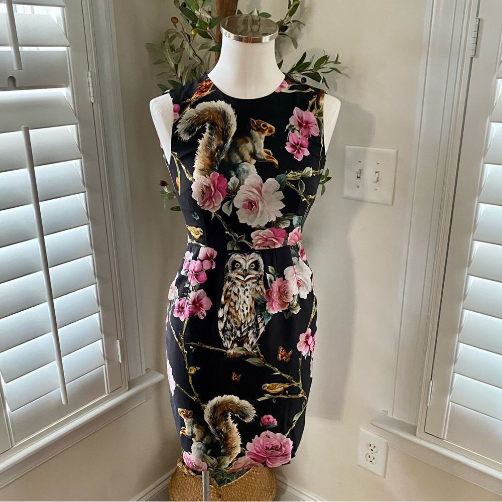 Dolce & Gabbana Enchanted Forest Print Crepe Fitted Dress 38